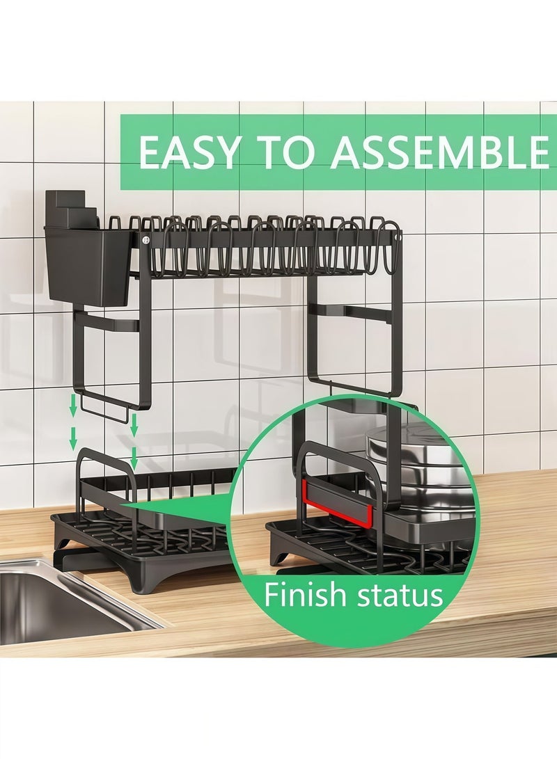 XiuWoo Dish Drying Rack, Large Capacity Draining Board Rack with Cup Holder and Tray and Draining Pipe, Kitchen Use, Iron drying rack，Dish Racks for Kitchen Counter Dish Rack with Cutlery Holder Compact ，with Drainboard and Utensil Holder Extra Drying Mat（2-Tier） - Image 4